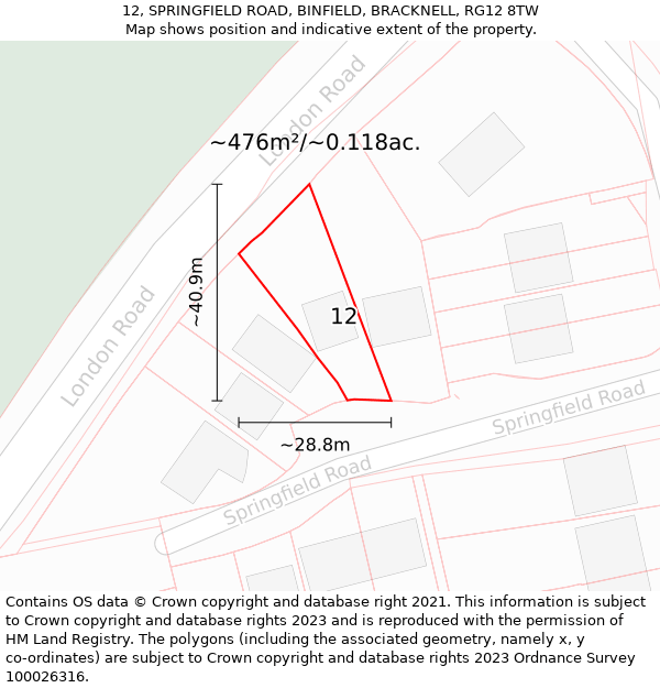 12, SPRINGFIELD ROAD, BINFIELD, BRACKNELL, RG12 8TW: Plot and title map