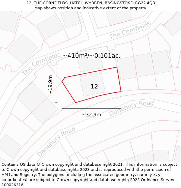 12, THE CORNFIELDS, HATCH WARREN, BASINGSTOKE, RG22 4QB: Plot and title map