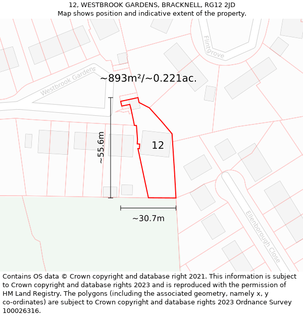 12, WESTBROOK GARDENS, BRACKNELL, RG12 2JD: Plot and title map