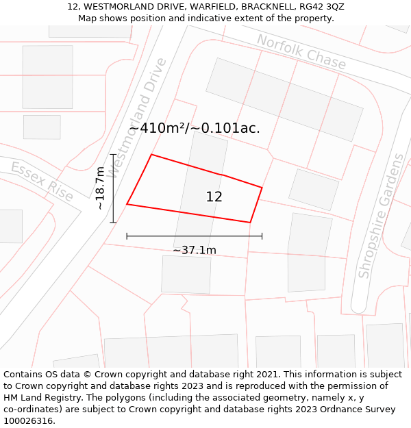 12, WESTMORLAND DRIVE, WARFIELD, BRACKNELL, RG42 3QZ: Plot and title map