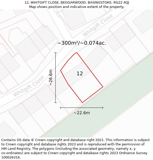 12, WHITGIFT CLOSE, BEGGARWOOD, BASINGSTOKE, RG22 4QJ: Plot and title map