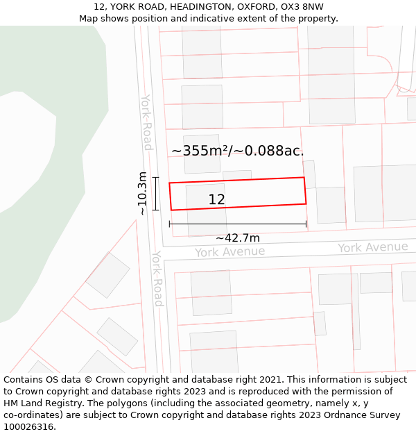 12, YORK ROAD, HEADINGTON, OXFORD, OX3 8NW: Plot and title map