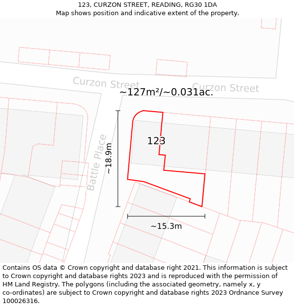 123, CURZON STREET, READING, RG30 1DA: Plot and title map
