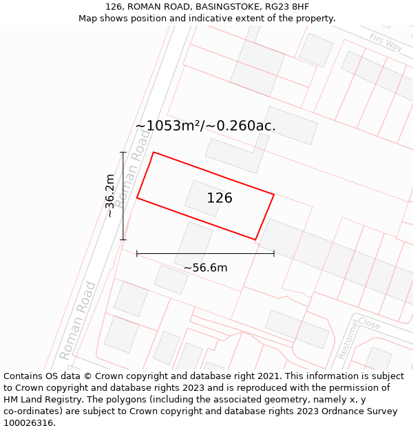 126, ROMAN ROAD, BASINGSTOKE, RG23 8HF: Plot and title map