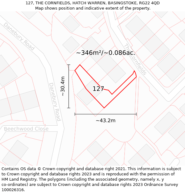 127, THE CORNFIELDS, HATCH WARREN, BASINGSTOKE, RG22 4QD: Plot and title map