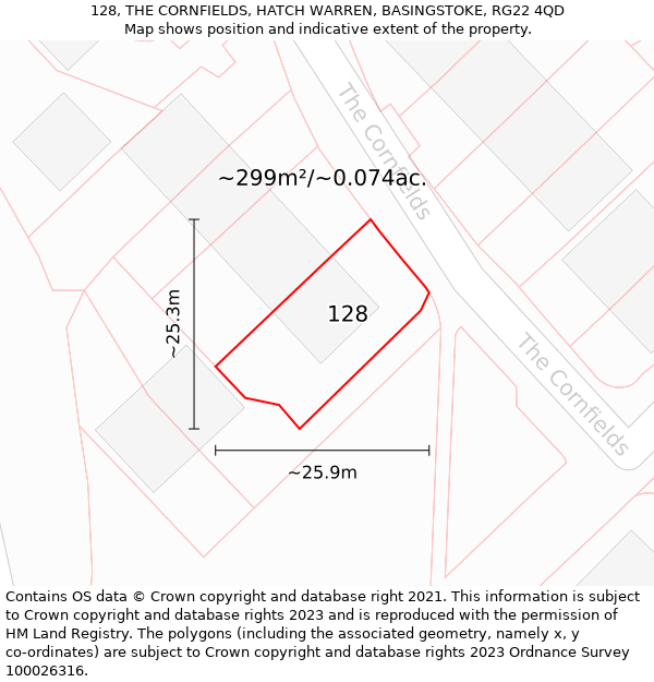 128, THE CORNFIELDS, HATCH WARREN, BASINGSTOKE, RG22 4QD: Plot and title map