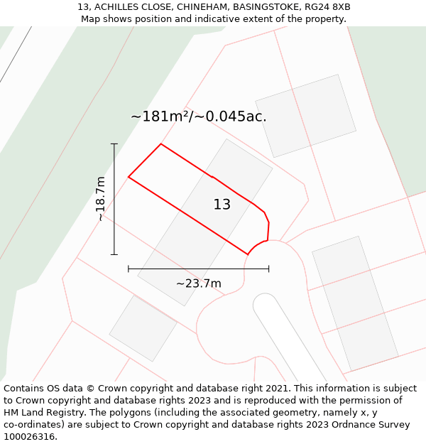 13, ACHILLES CLOSE, CHINEHAM, BASINGSTOKE, RG24 8XB: Plot and title map