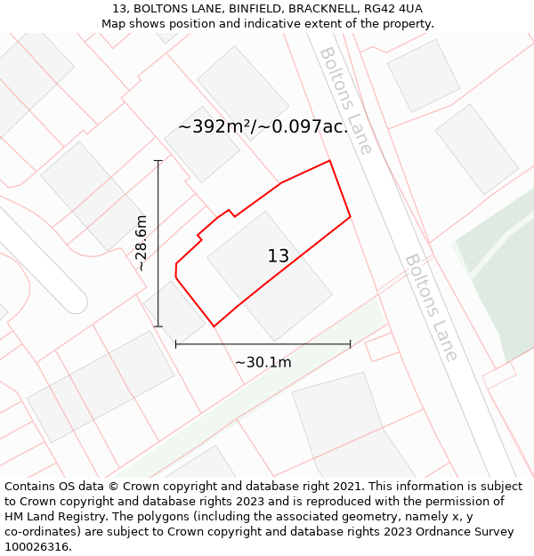 13, BOLTONS LANE, BINFIELD, BRACKNELL, RG42 4UA: Plot and title map