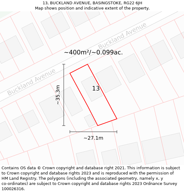 13, BUCKLAND AVENUE, BASINGSTOKE, RG22 6JH: Plot and title map