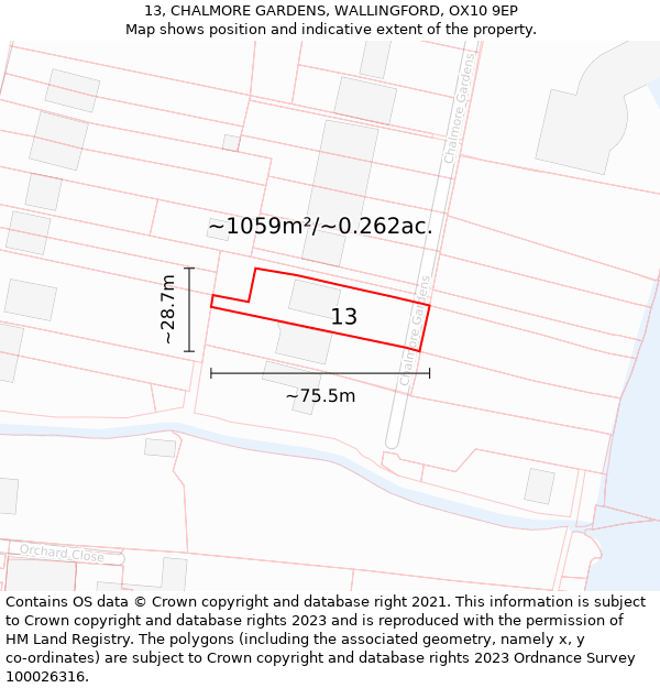 13, CHALMORE GARDENS, WALLINGFORD, OX10 9EP: Plot and title map