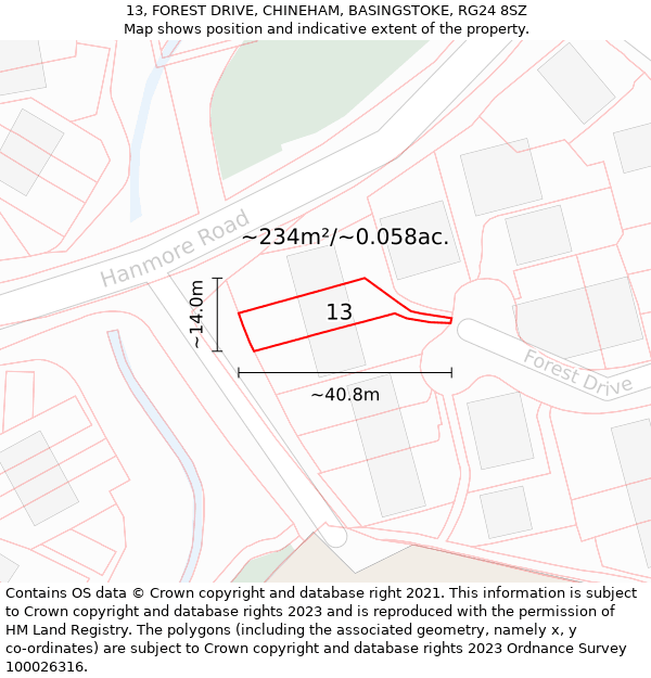 13, FOREST DRIVE, CHINEHAM, BASINGSTOKE, RG24 8SZ: Plot and title map