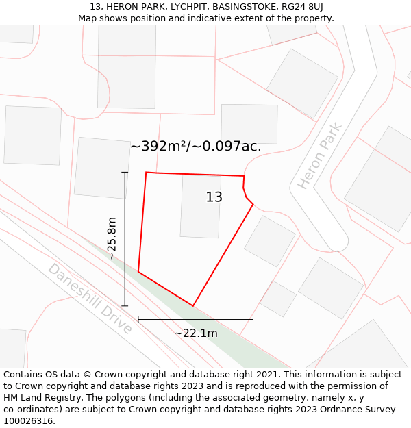 13, HERON PARK, LYCHPIT, BASINGSTOKE, RG24 8UJ: Plot and title map