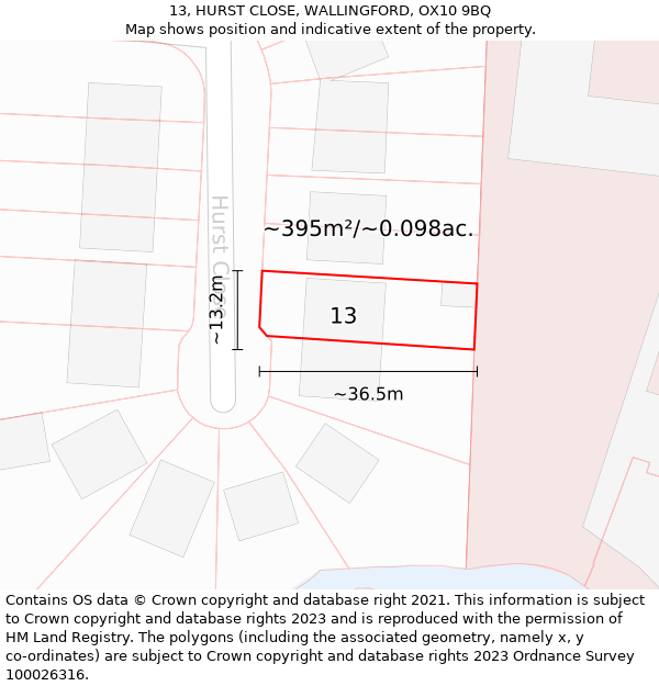 13, HURST CLOSE, WALLINGFORD, OX10 9BQ: Plot and title map