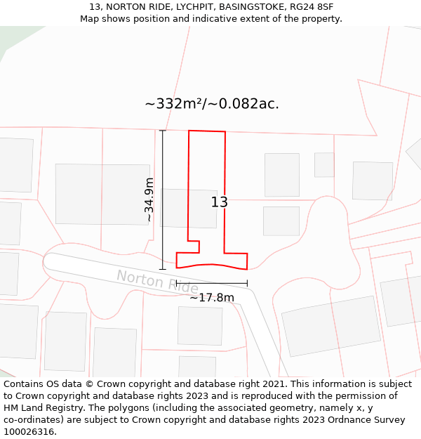 13, NORTON RIDE, LYCHPIT, BASINGSTOKE, RG24 8SF: Plot and title map