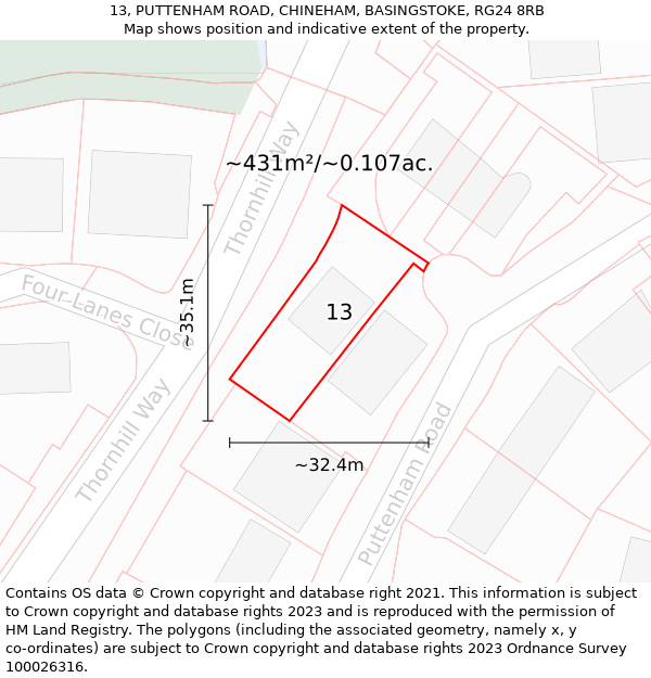 13, PUTTENHAM ROAD, CHINEHAM, BASINGSTOKE, RG24 8RB: Plot and title map