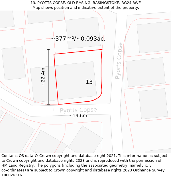 13, PYOTTS COPSE, OLD BASING, BASINGSTOKE, RG24 8WE: Plot and title map