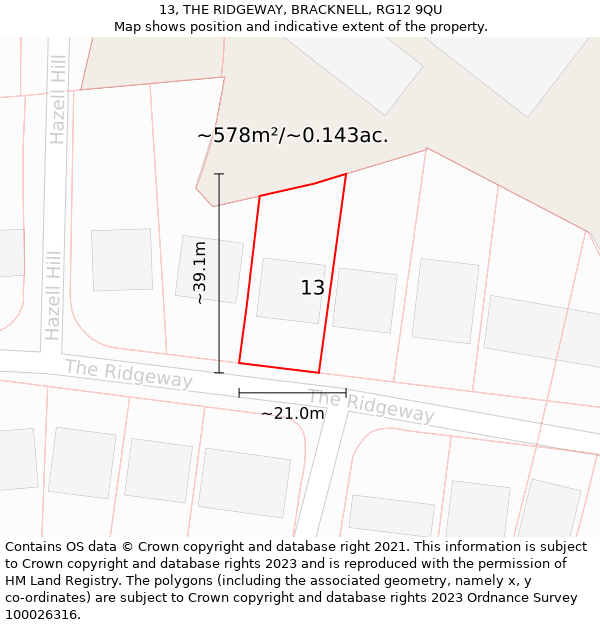 13, THE RIDGEWAY, BRACKNELL, RG12 9QU: Plot and title map