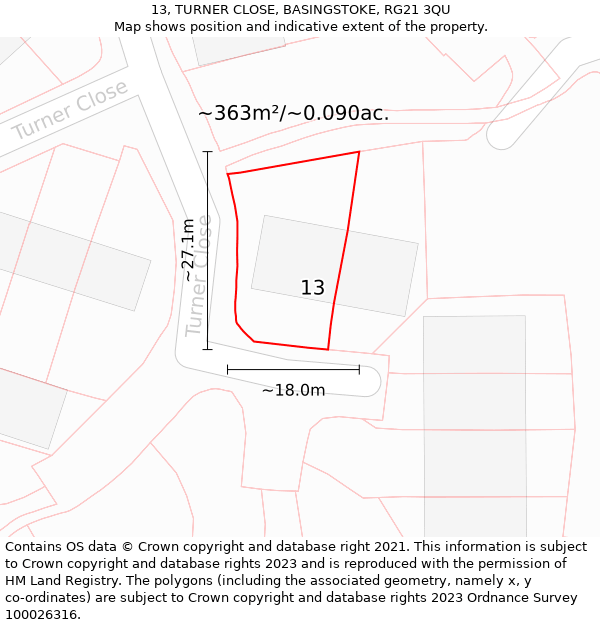 13, TURNER CLOSE, BASINGSTOKE, RG21 3QU: Plot and title map