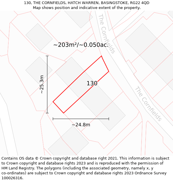 130, THE CORNFIELDS, HATCH WARREN, BASINGSTOKE, RG22 4QD: Plot and title map