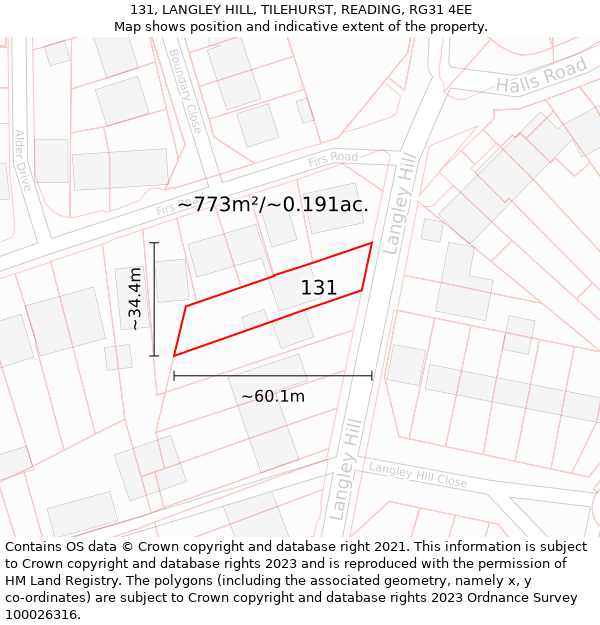 131, LANGLEY HILL, TILEHURST, READING, RG31 4EE: Plot and title map