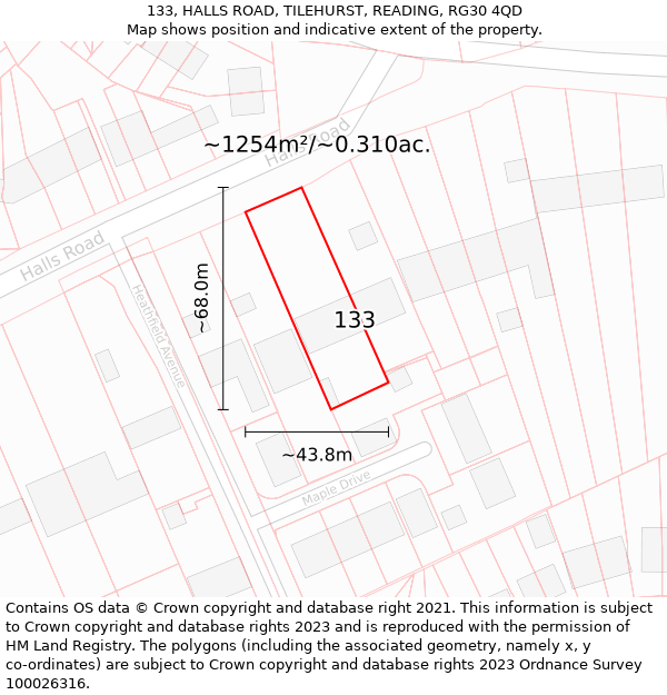 133, HALLS ROAD, TILEHURST, READING, RG30 4QD: Plot and title map