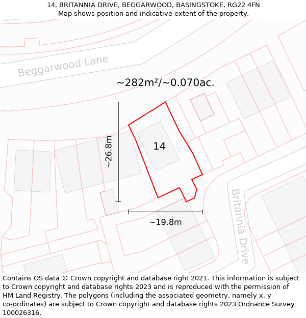 14, BRITANNIA DRIVE, BEGGARWOOD, BASINGSTOKE, RG22 4FN: Plot and title map