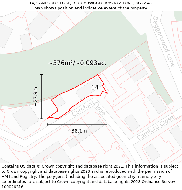 14, CAMFORD CLOSE, BEGGARWOOD, BASINGSTOKE, RG22 4UJ: Plot and title map