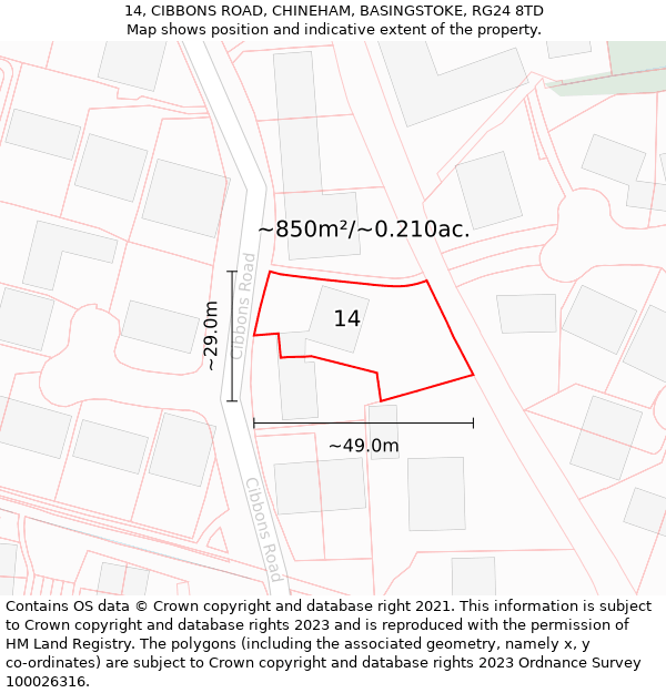 14, CIBBONS ROAD, CHINEHAM, BASINGSTOKE, RG24 8TD: Plot and title map