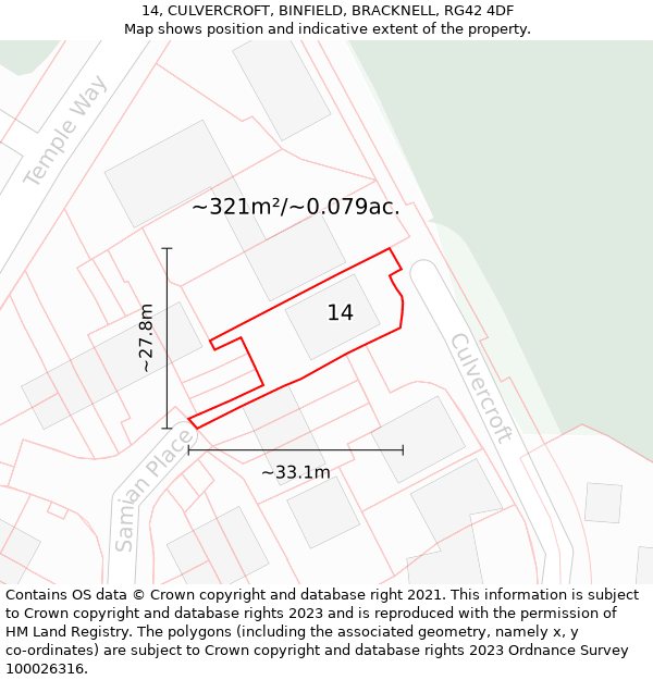 14, CULVERCROFT, BINFIELD, BRACKNELL, RG42 4DF: Plot and title map