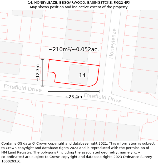 14, HONEYLEAZE, BEGGARWOOD, BASINGSTOKE, RG22 4FX: Plot and title map