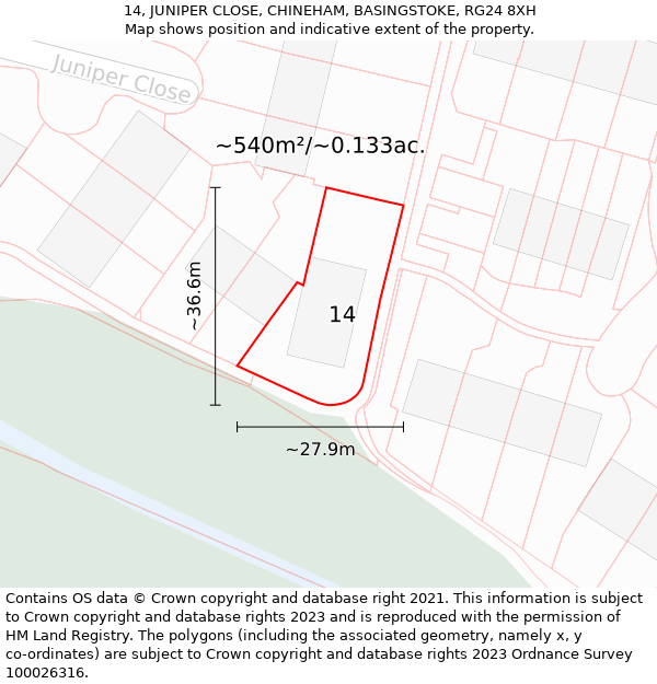 14, JUNIPER CLOSE, CHINEHAM, BASINGSTOKE, RG24 8XH: Plot and title map