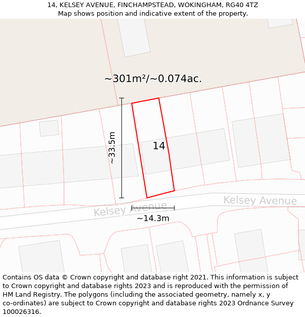 14, KELSEY AVENUE, FINCHAMPSTEAD, WOKINGHAM, RG40 4TZ: Plot and title map