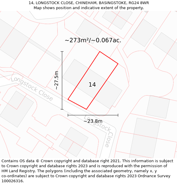 14, LONGSTOCK CLOSE, CHINEHAM, BASINGSTOKE, RG24 8WR: Plot and title map