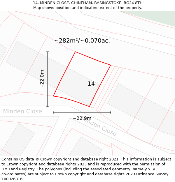 14, MINDEN CLOSE, CHINEHAM, BASINGSTOKE, RG24 8TH: Plot and title map