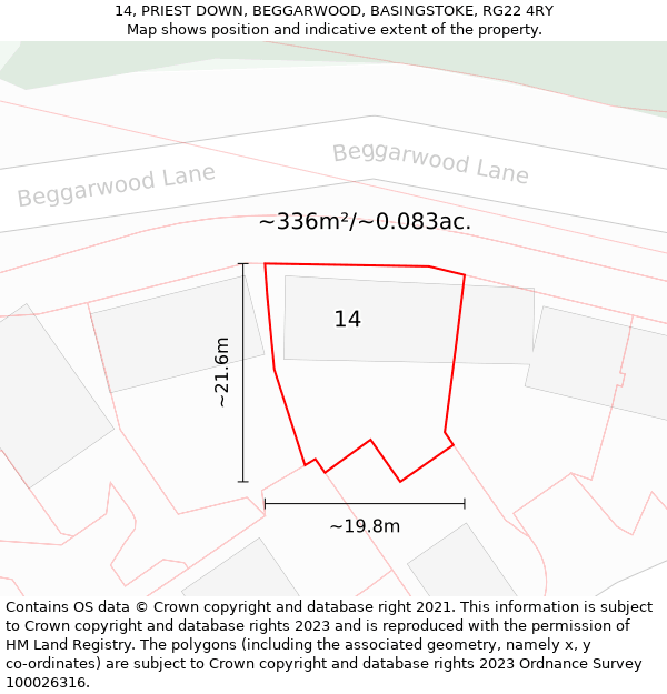 14, PRIEST DOWN, BEGGARWOOD, BASINGSTOKE, RG22 4RY: Plot and title map