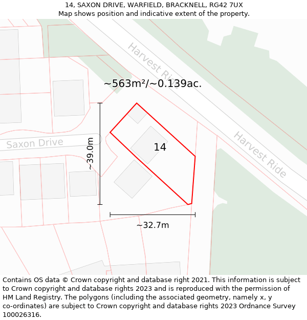 14, SAXON DRIVE, WARFIELD, BRACKNELL, RG42 7UX: Plot and title map