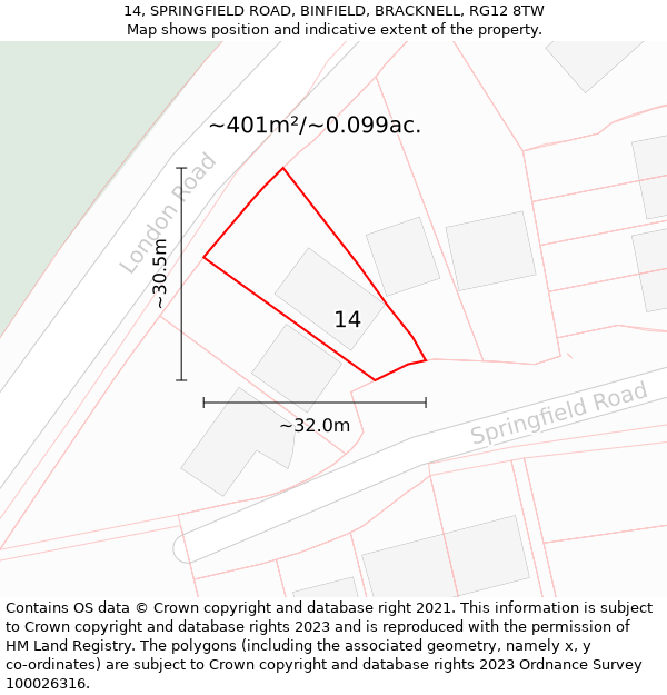 14, SPRINGFIELD ROAD, BINFIELD, BRACKNELL, RG12 8TW: Plot and title map