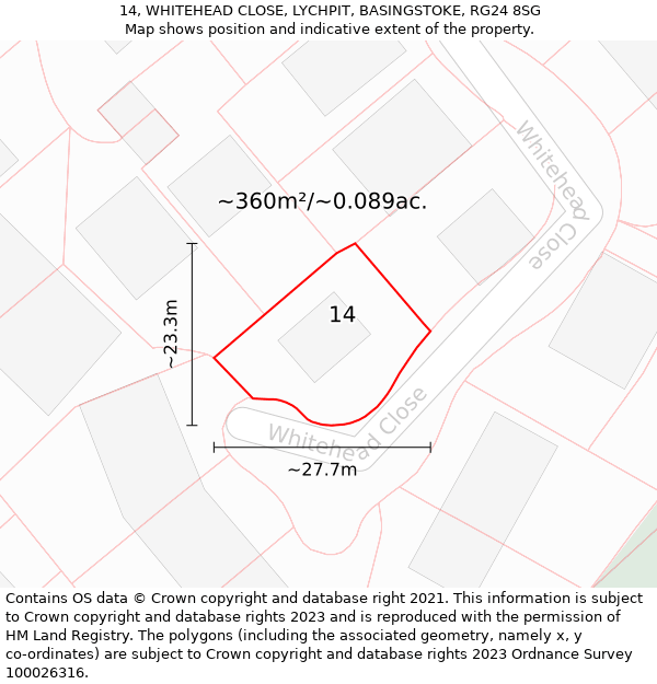 14, WHITEHEAD CLOSE, LYCHPIT, BASINGSTOKE, RG24 8SG: Plot and title map