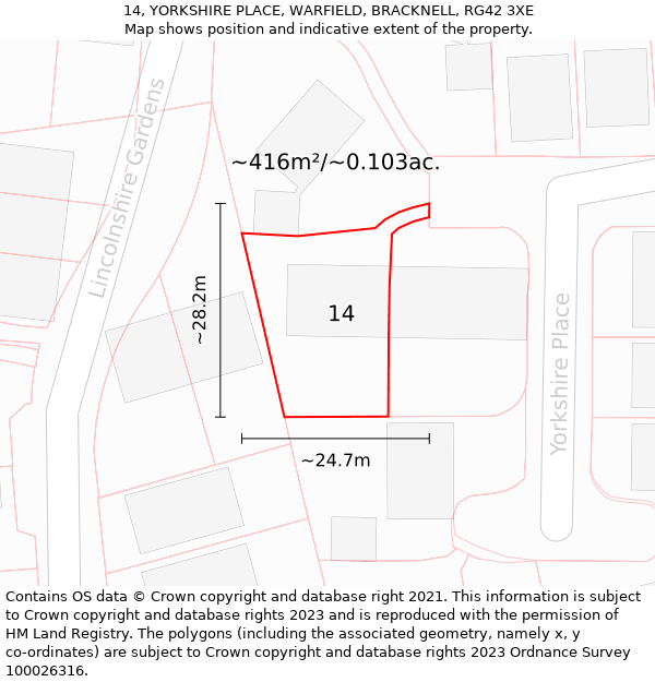 14, YORKSHIRE PLACE, WARFIELD, BRACKNELL, RG42 3XE: Plot and title map