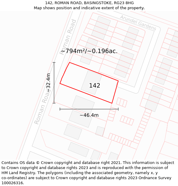 142, ROMAN ROAD, BASINGSTOKE, RG23 8HG: Plot and title map