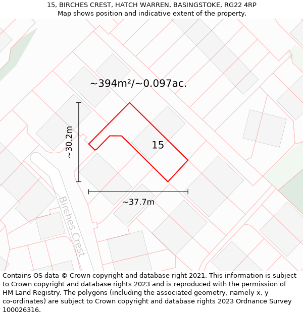 15, BIRCHES CREST, HATCH WARREN, BASINGSTOKE, RG22 4RP: Plot and title map