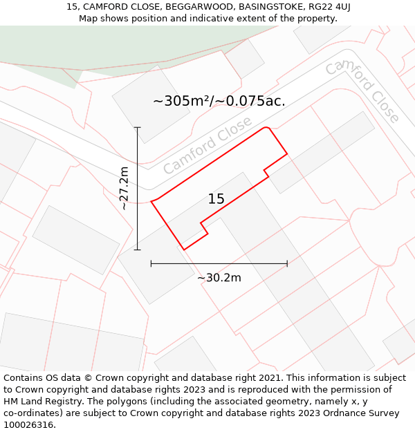 15, CAMFORD CLOSE, BEGGARWOOD, BASINGSTOKE, RG22 4UJ: Plot and title map