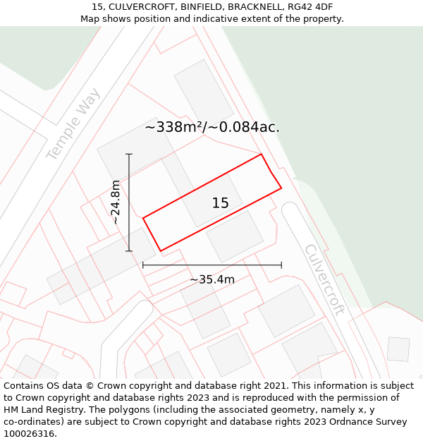 15, CULVERCROFT, BINFIELD, BRACKNELL, RG42 4DF: Plot and title map