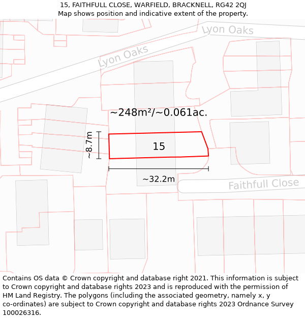 15, FAITHFULL CLOSE, WARFIELD, BRACKNELL, RG42 2QJ: Plot and title map