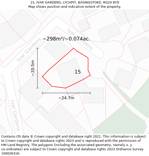 15, IVAR GARDENS, LYCHPIT, BASINGSTOKE, RG24 8YD: Plot and title map