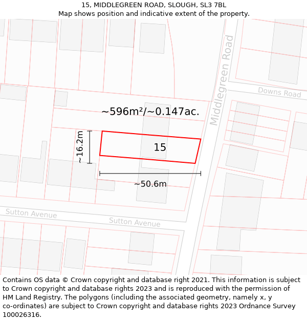 15, MIDDLEGREEN ROAD, SLOUGH, SL3 7BL: Plot and title map