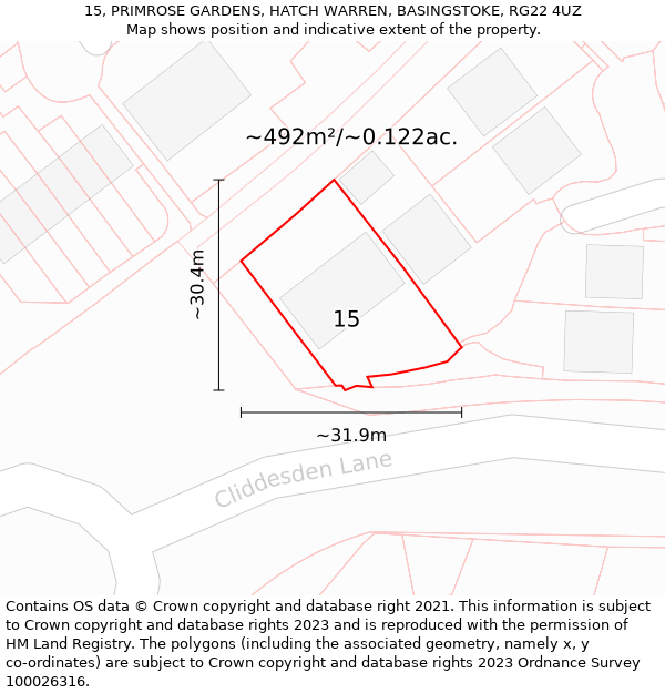 15, PRIMROSE GARDENS, HATCH WARREN, BASINGSTOKE, RG22 4UZ: Plot and title map