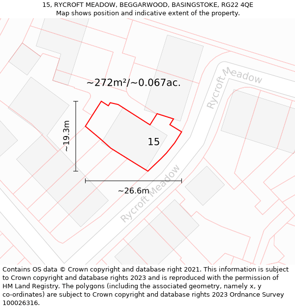 15, RYCROFT MEADOW, BEGGARWOOD, BASINGSTOKE, RG22 4QE: Plot and title map