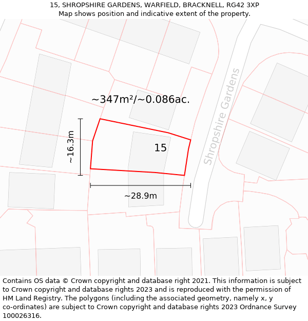 15, SHROPSHIRE GARDENS, WARFIELD, BRACKNELL, RG42 3XP: Plot and title map