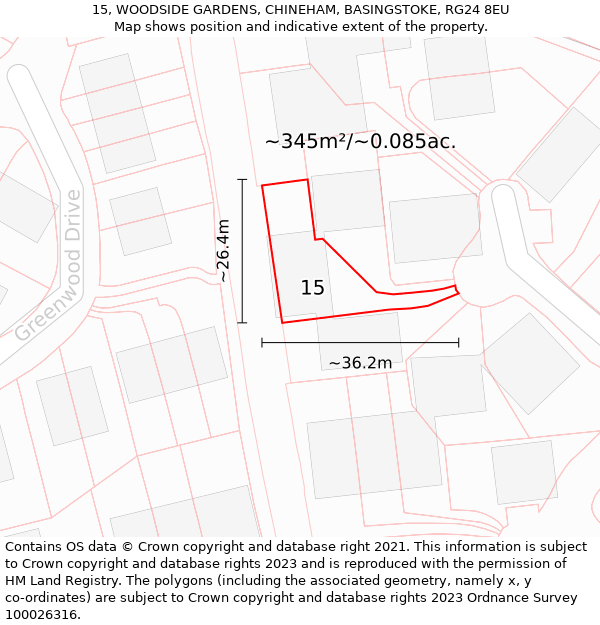 15, WOODSIDE GARDENS, CHINEHAM, BASINGSTOKE, RG24 8EU: Plot and title map